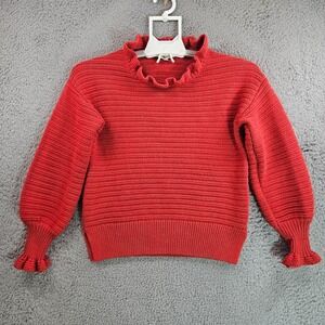 Madewell Sweater Women XS Knit Merinol Wool Blend Ruffel Neck & Cuff Red‎